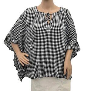 A.N.A Women’s Checkered Black and White Blouse Top Tunic Tie Keyhole - Size XL